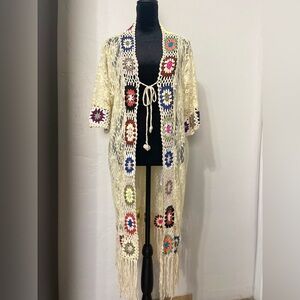 Crochet Fringe Kimono with Colorful Accents